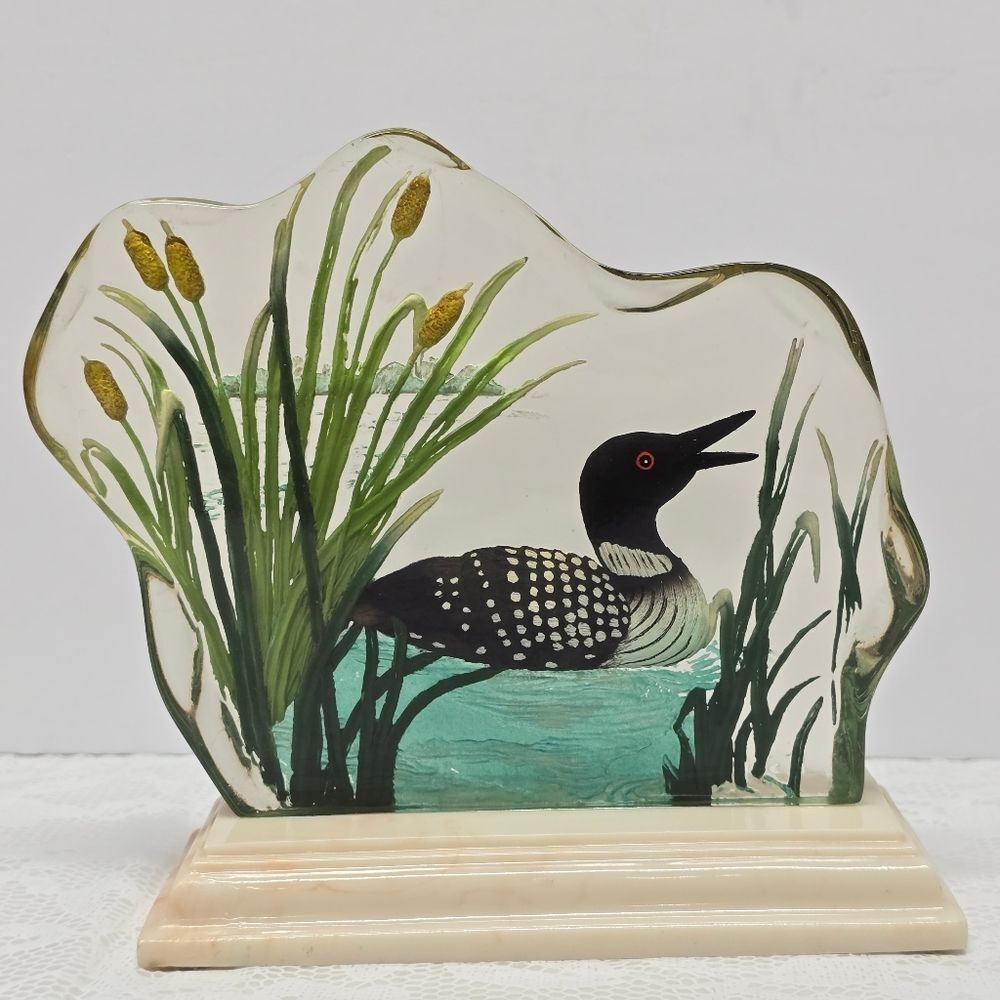 Vintage Lucite Engraved Art Sculpture Loon Duck Paperweight Cottage Decor